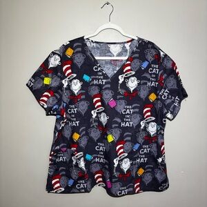 Dr. Seuss Cat in the Hat Scrub Top Gray Nurse Medical Cartoon 1X–2X Novelty